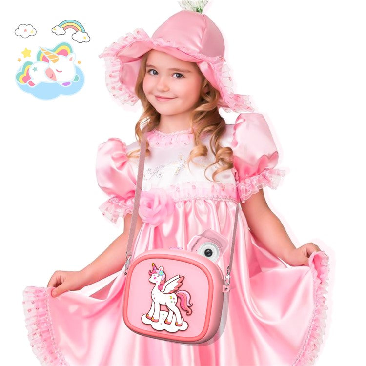 Cute Cartoon Animal Design Children Camera Carrying Case Silicone Shoulder Bag with 5 Rolls Thermal Paper - Pink