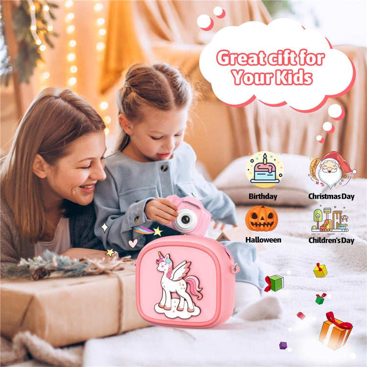 Cute Cartoon Animal Design Children Camera Carrying Case Silicone Shoulder Bag with 5 Rolls Thermal Paper - Pink
