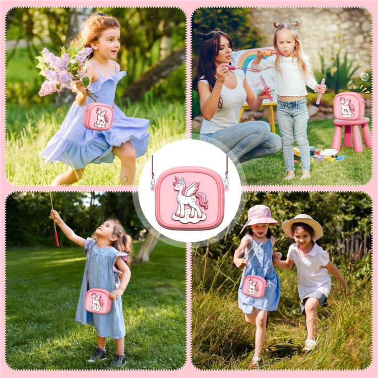 Cute Cartoon Animal Design Children Camera Carrying Case Silicone Shoulder Bag with 5 Rolls Thermal Paper - Pink