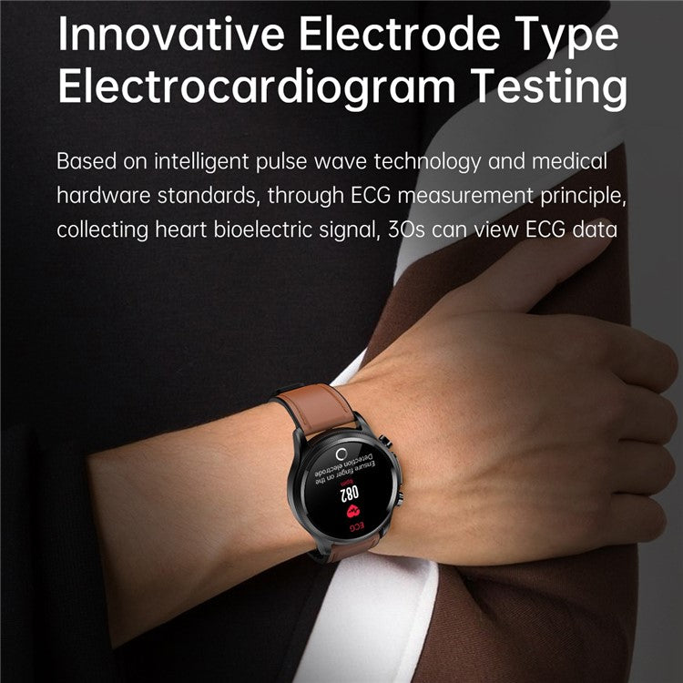 E400 1.39 inch Smart Watch IP68 Waterproof Sports Bracelet ECG+PPG Health Watch with Body Temperature and Blood Oxygen Monitoring (Leather Strap) - Brown