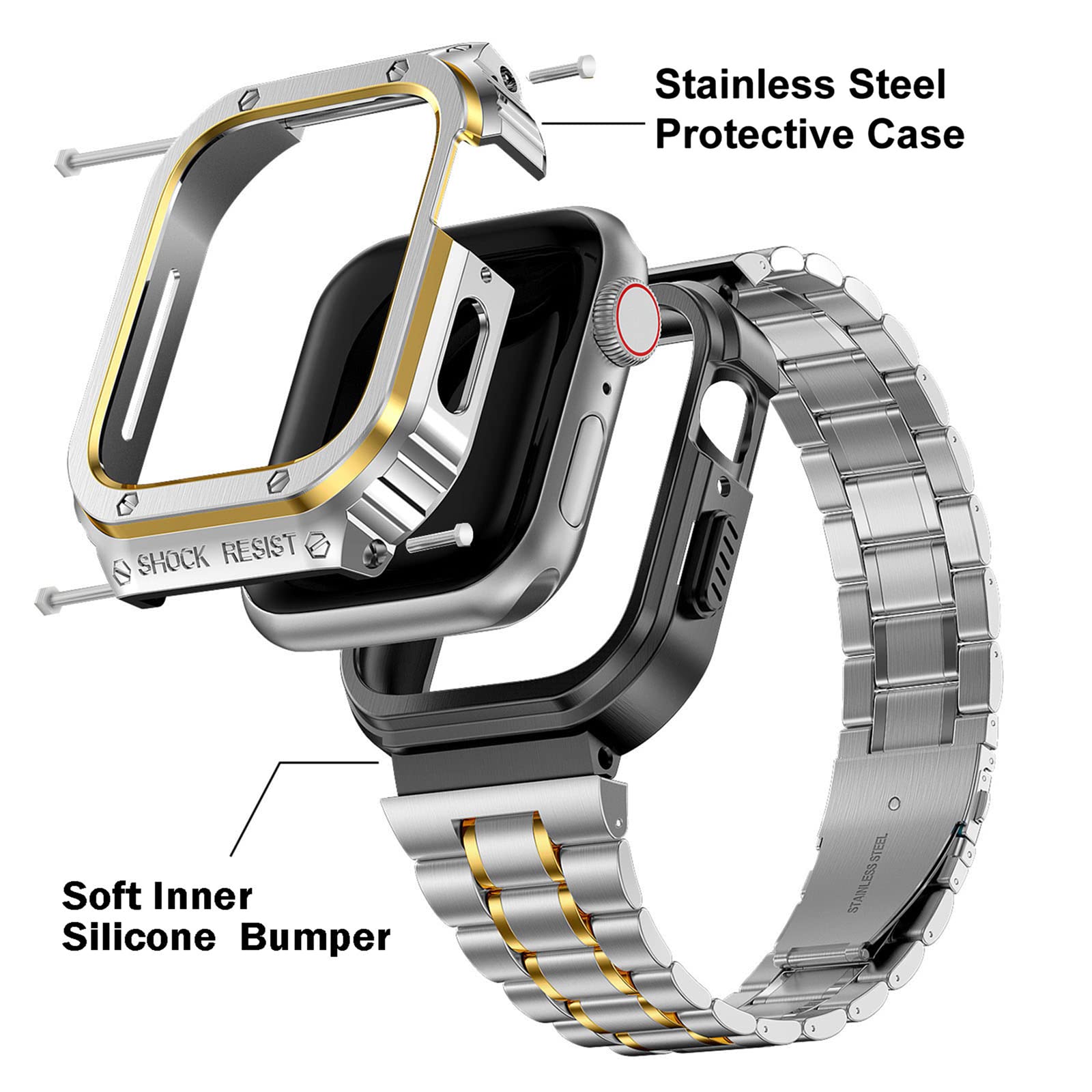 5 Beads Metal Watch Strap for Apple Watch Ultra 49mm Integral Watch Band Replacement with Case - Silver / Gold