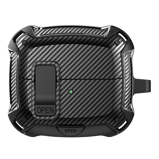 For Samsung Galaxy Buds3 Pro  /  Buds3 Case Carbon Fiber Texture TPU + PC Earphones Cover with Lock Switch Carabiner Phone Stand - Black