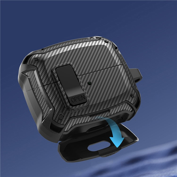 For Samsung Galaxy Buds3 Pro  /  Buds3 Case Carbon Fiber Texture TPU + PC Earphones Cover with Lock Switch Carabiner Phone Stand - Black