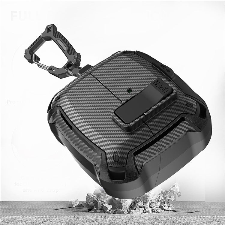 For Samsung Galaxy Buds3 Pro  /  Buds3 Case Carbon Fiber Texture TPU + PC Earphones Cover with Lock Switch Carabiner Phone Stand - Black