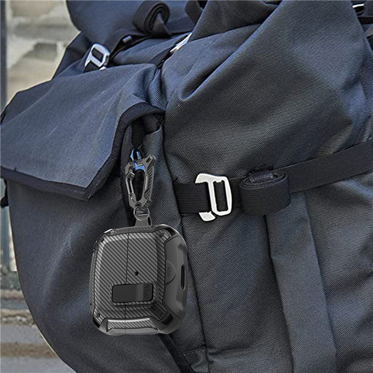 For Samsung Galaxy Buds3 Pro  /  Buds3 Case Carbon Fiber Texture TPU + PC Earphones Cover with Lock Switch Carabiner Phone Stand - Black