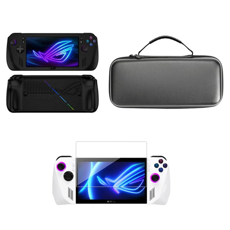 3-in-1 Kit for Asus ROG Ally X Silicone Cover Portable Travel Carrying Case with Tempered Glass Screen Protector - Black