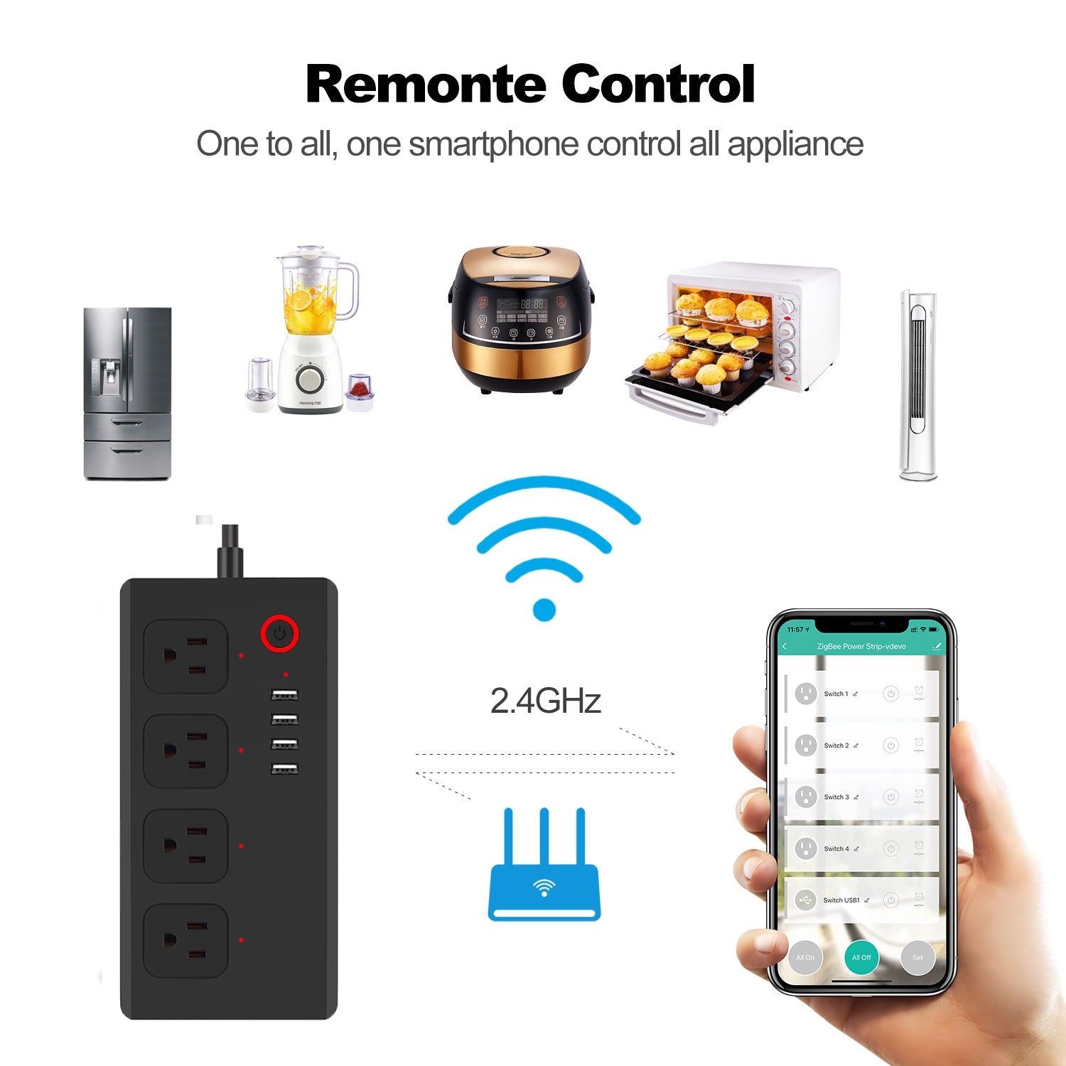 ZigBee 10A SM-SO301-U 2500W 4 Holes + 4 USB Smart Power Strip, US Plug(Black)