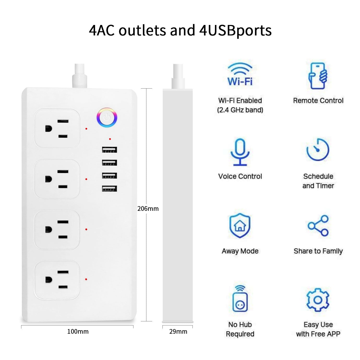 ZigBee 10A SM-SO301-U 2500W 4 Holes + 4 USB Smart Power Strip, US Plug(White)