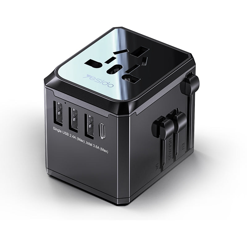 Yesido MC-10 3 USB + Type-C Ports Multi-function Universal Travel Adapter Plug(Black)