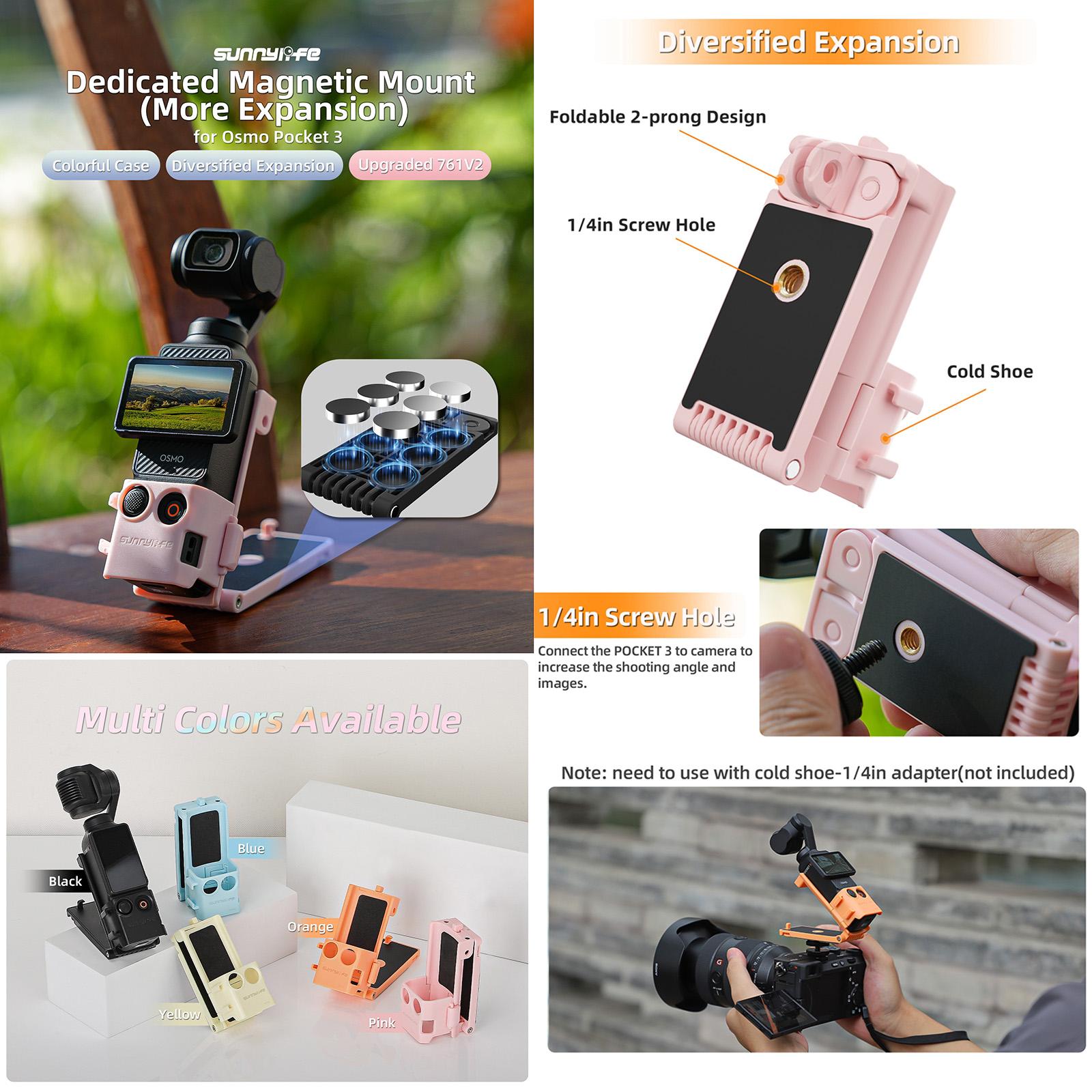 For DJI OSMO Pocket 3 Sunnylife Magnetic Mount 1/4 Adapter Cold Shoe Tabletop Base Bracket Angles Adjustable Multi Expansion Mount(Pink)