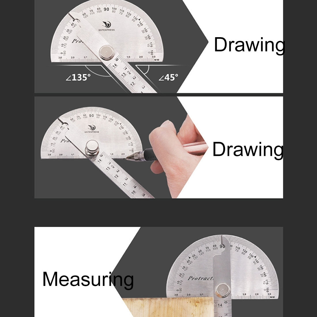 0-180 Degree Stainless Steel Protractor Angle Finder with 0-145mm Arm Measuring Ruler Tool