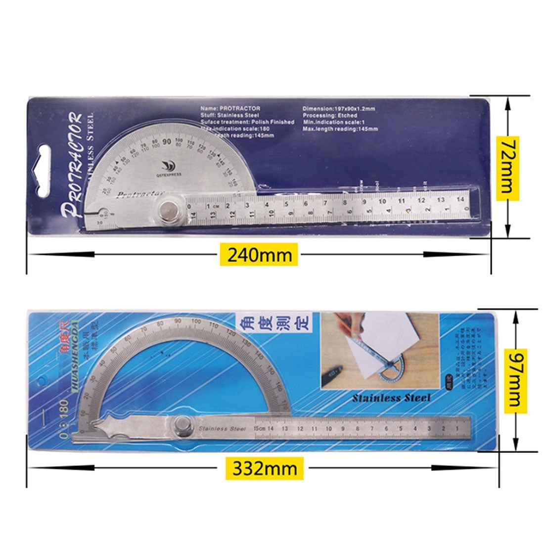 0-180 Degree Stainless Steel Protractor Angle Finder with 0-145mm Arm Measuring Ruler Tool