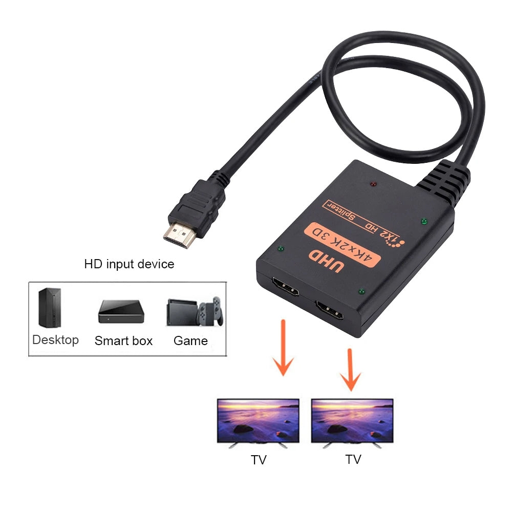 1 into 2 out HDMI 4K HD Video Splitter, with Cable