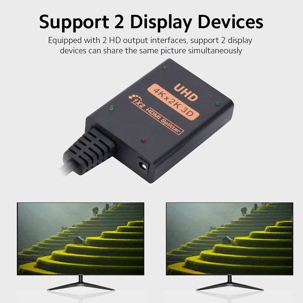 1 into 2 out HDMI 4K HD Video Splitter, with Cable