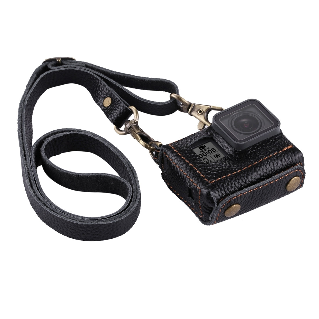 PULUZ for GoPro HERO7 Black /6 /5 Litchi Texture Genuine Leather Housing Case with Set Key Hole & Neck Strap & 52mm UV Lens(Black)