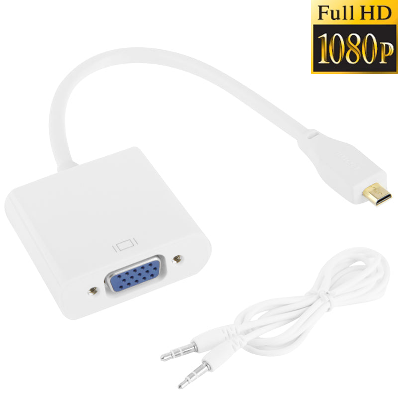 22cm Full HD 1080P Micro HDMI Male to VGA Female Video Adapter Cable with Audio Cable(White)