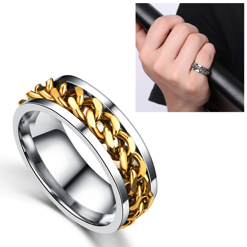 Punk Rock Stainless Steel Rotatable Chain Rings, Ring Size:6(Gold)