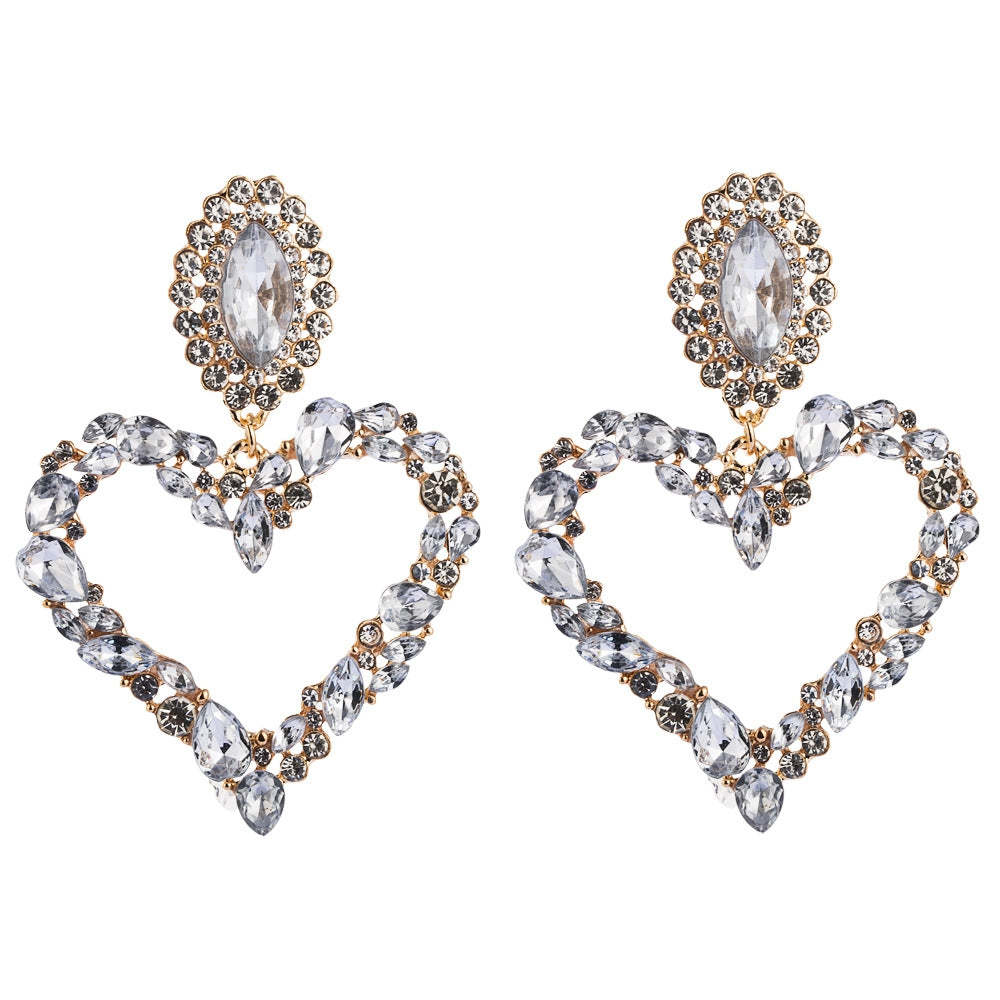 1 Pair Heart Shaped Alloy Retro Earrings With Colored Rhinestone Flashing Full Rhinestone Earrings(White)