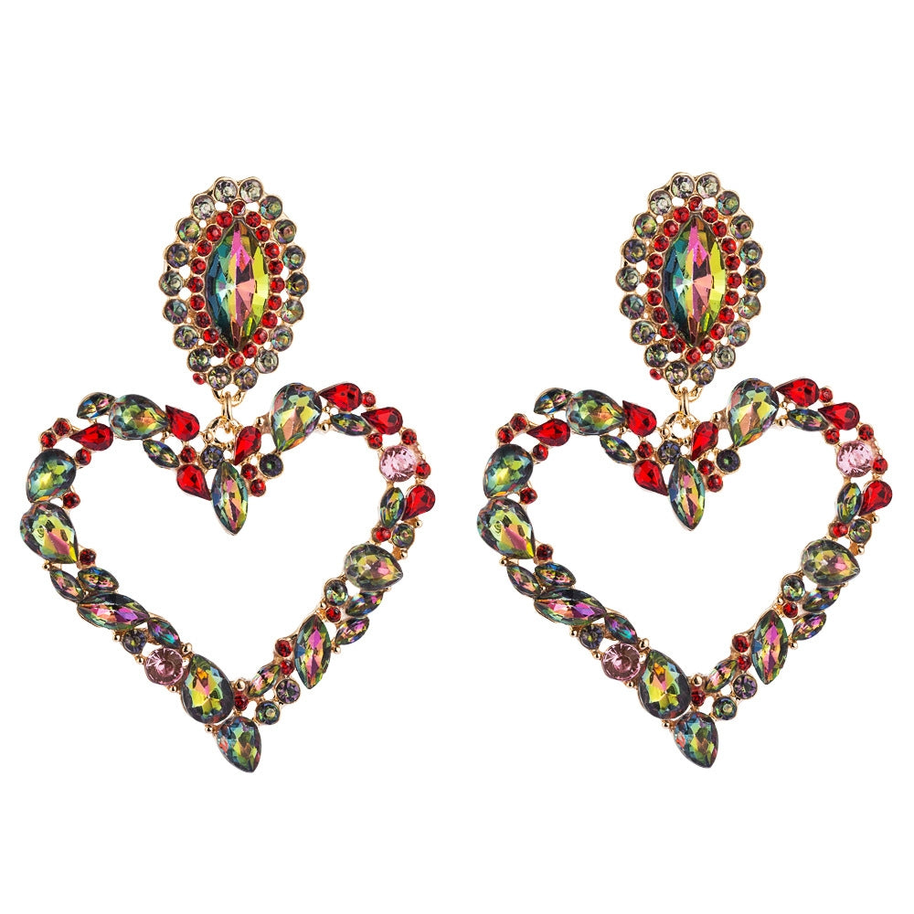 1 Pair Heart Shaped Alloy Retro Earrings With Colored Rhinestone Flashing Full Rhinestone Earrings(Red)