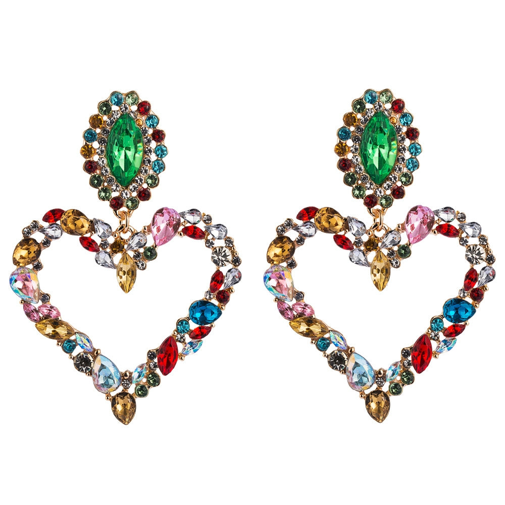 1 Pair Heart Shaped Alloy Retro Earrings With Colored Rhinestone Flashing Full Rhinestone Earrings(Color)