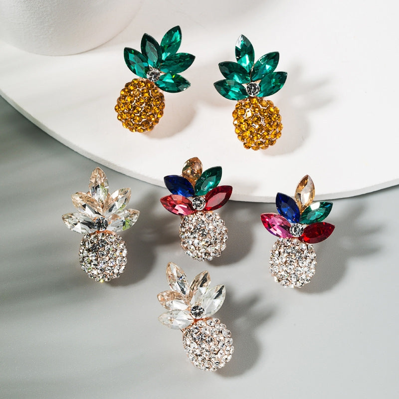 1 Pair Alloy Inlaid Colorful Rhinestone Pineapple Earrings(White)