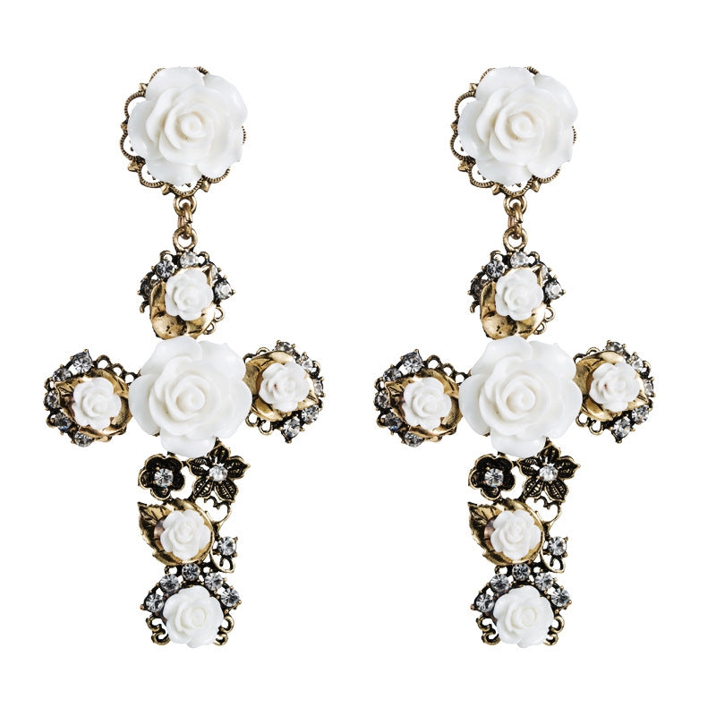 1 Pair Baroque Rose Flower Cross Long Earrings Vintage Earrings(White)