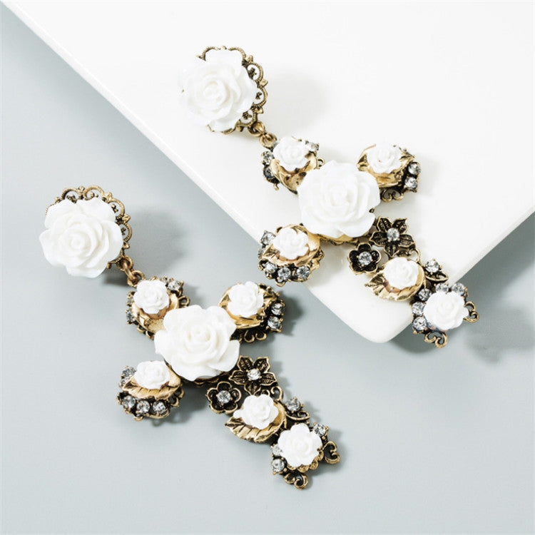 1 Pair Baroque Rose Flower Cross Long Earrings Vintage Earrings(White)