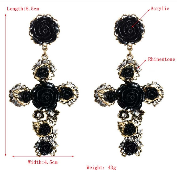 1 Pair Baroque Rose Flower Cross Long Earrings Vintage Earrings(White)