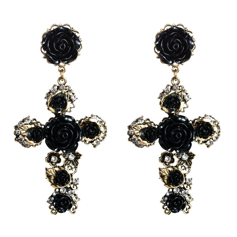 1 Pair Baroque Rose Flower Cross Long Earrings Vintage Earrings(Black)