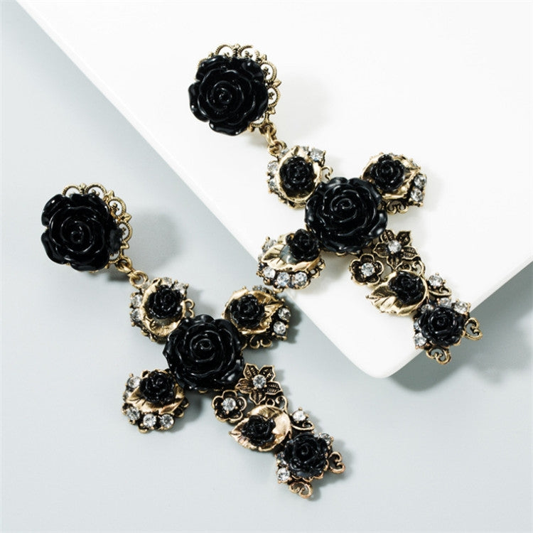 1 Pair Baroque Rose Flower Cross Long Earrings Vintage Earrings(Black)