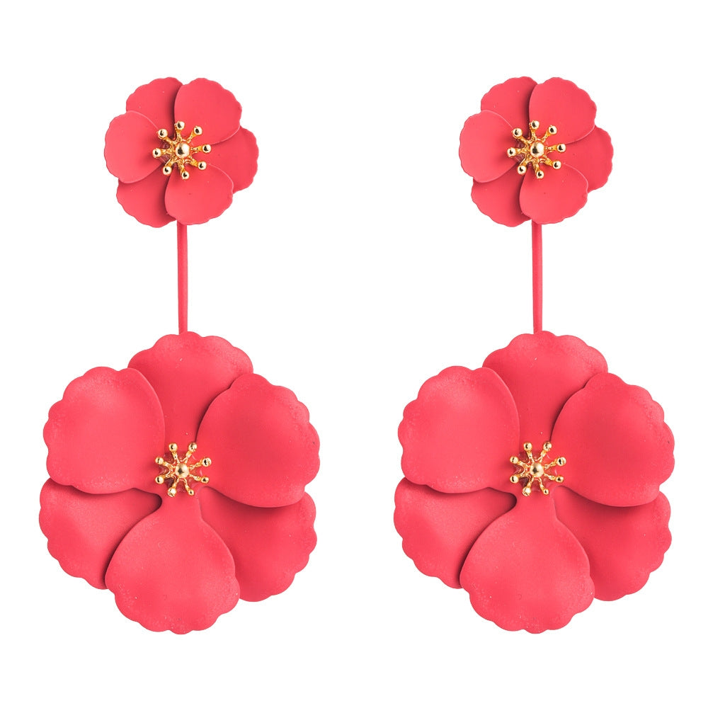 1 Pair Boho Style Earrings Alloy Flower Long Earrings(Red)