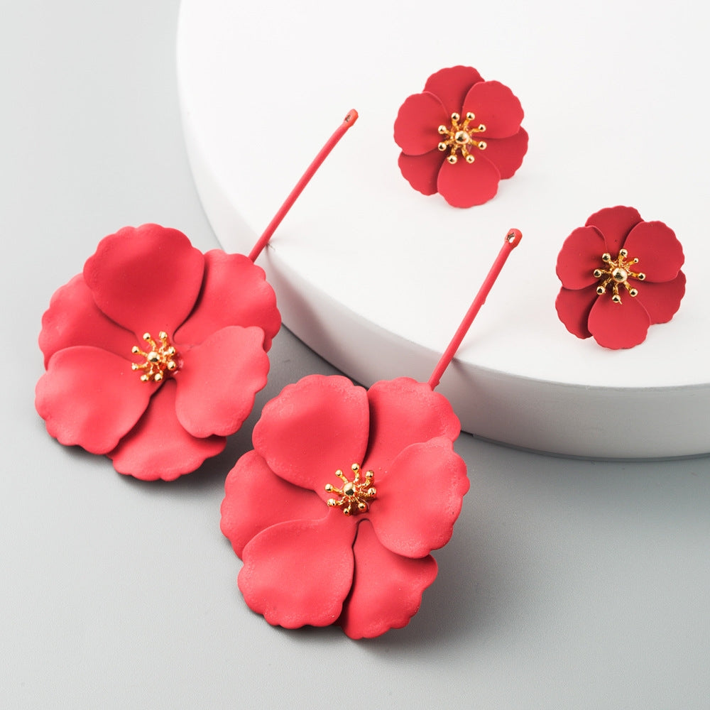 1 Pair Boho Style Earrings Alloy Flower Long Earrings(Red)