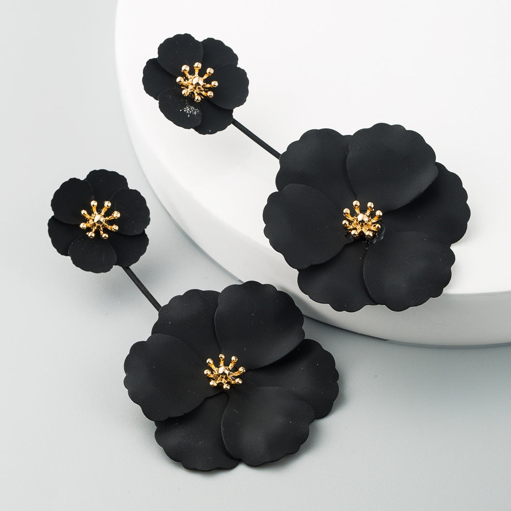 1 Pair Boho Style Earrings Alloy Flower Long Earrings(Black)