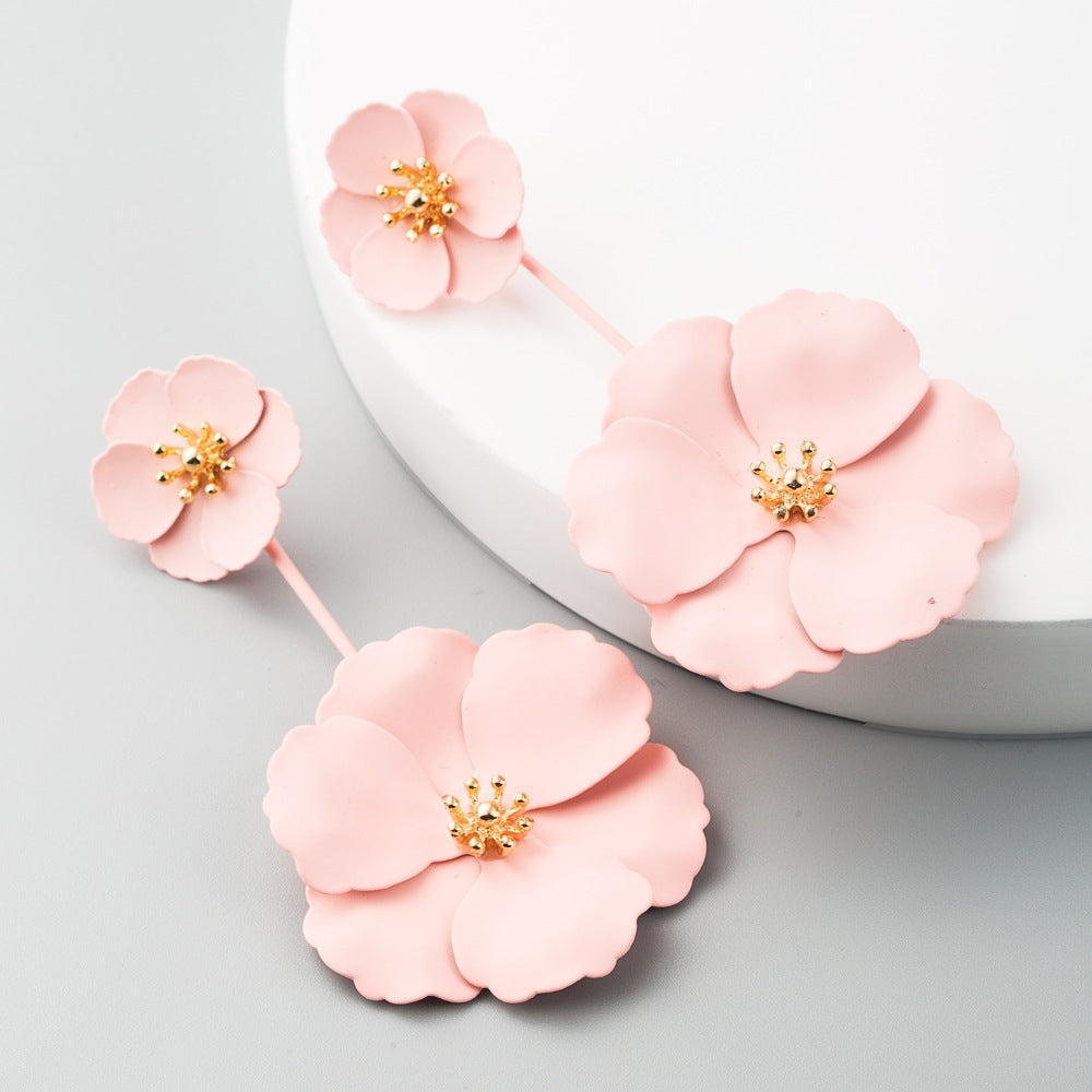 1 Pair Boho Style Earrings Alloy Flower Long Earrings(Pink)