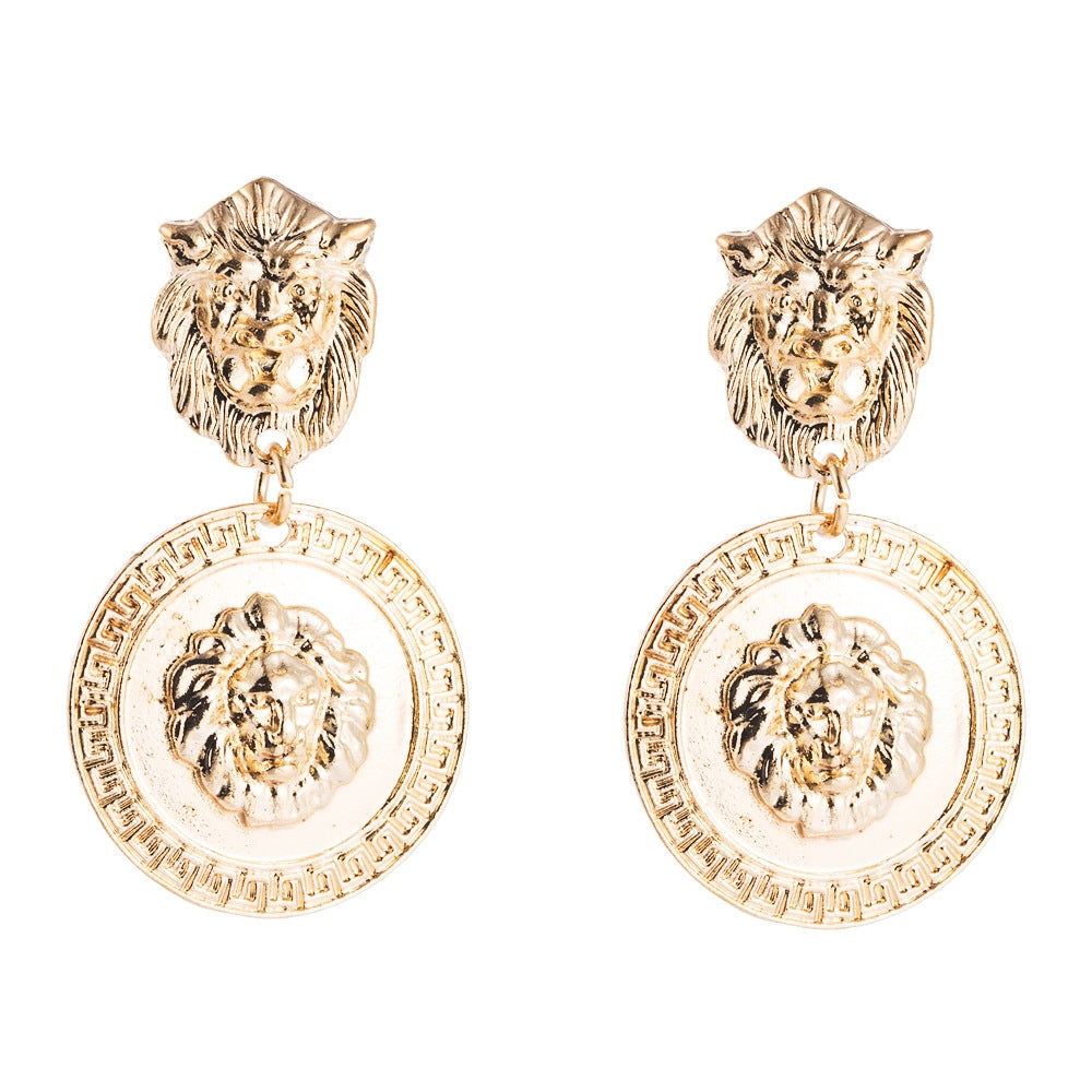 1 Pair Baroque Retro Lion Head Earrings Female Personality Exaggerated Earrings(Golden)