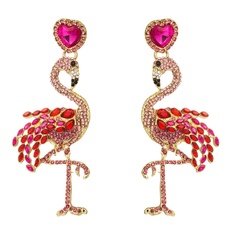 1 Pair Creative Flamingo Earrings Womens Long Earrings With Rhinestones(Red)