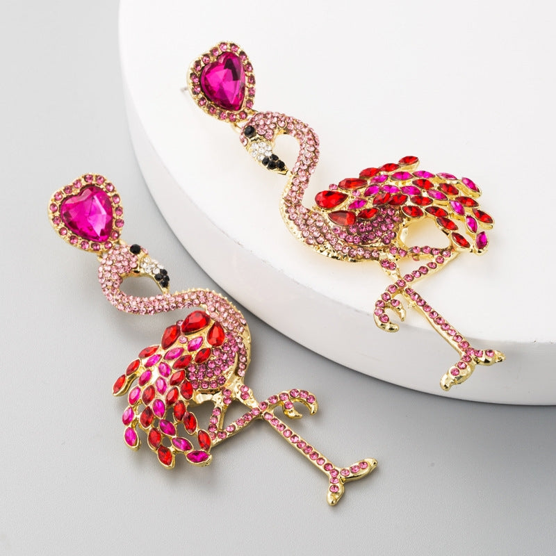 1 Pair Creative Flamingo Earrings Womens Long Earrings With Rhinestones(Red)