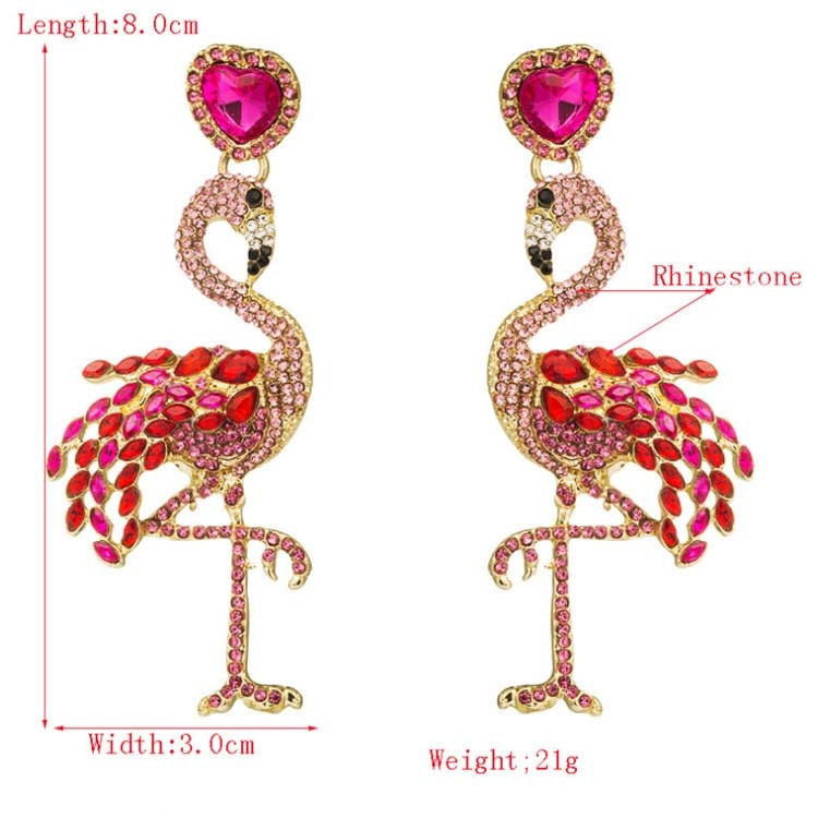 1 Pair Creative Flamingo Earrings Womens Long Earrings With Rhinestones(Red)