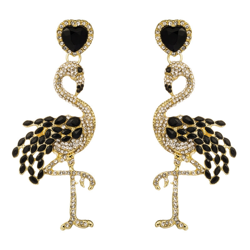 1 Pair Creative Flamingo Earrings Womens Long Earrings With Rhinestones(Black)