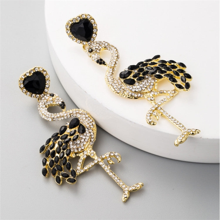 1 Pair Creative Flamingo Earrings Womens Long Earrings With Rhinestones(Black)