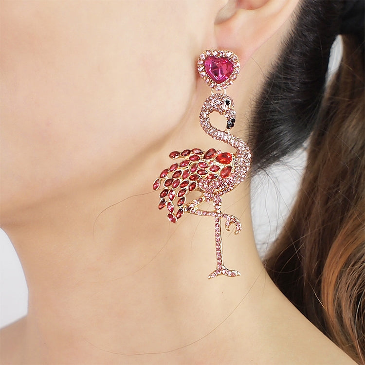 1 Pair Creative Flamingo Earrings Womens Long Earrings With Rhinestones(Red)