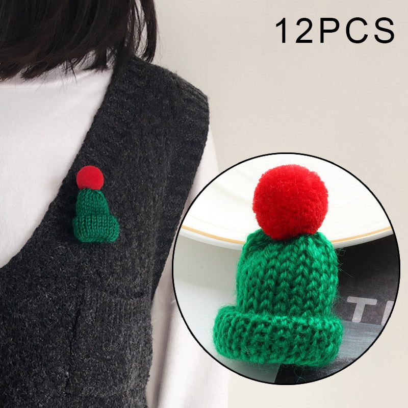 12PCS Cute Mini Knitted Hairball Hat Brooch Sweater Pins Badge(Dark green)