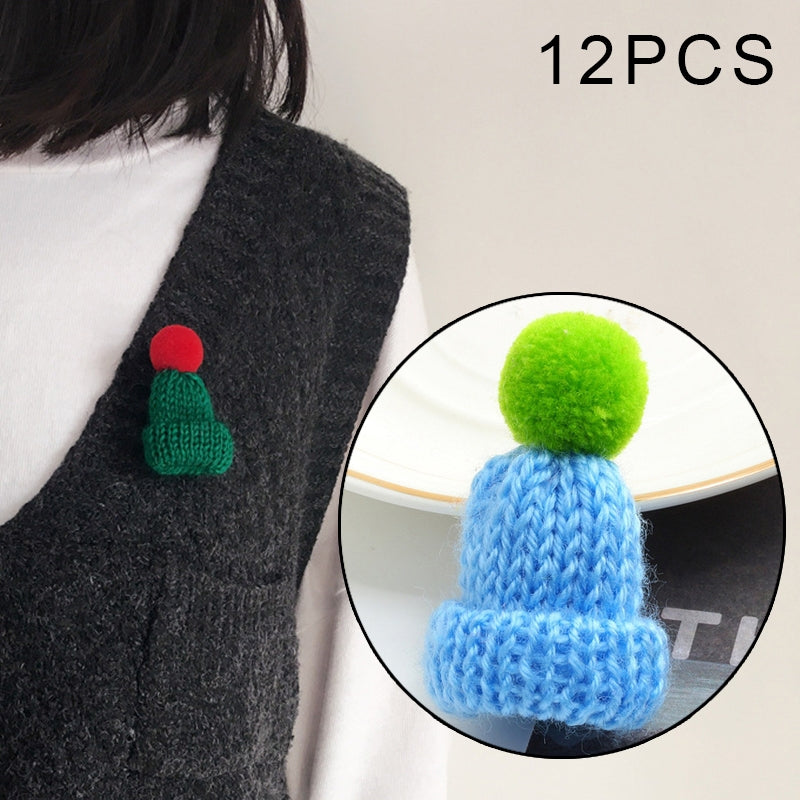 12PCS Cute Mini Knitted Hairball Hat Brooch Sweater Pins Badge(Light blue)