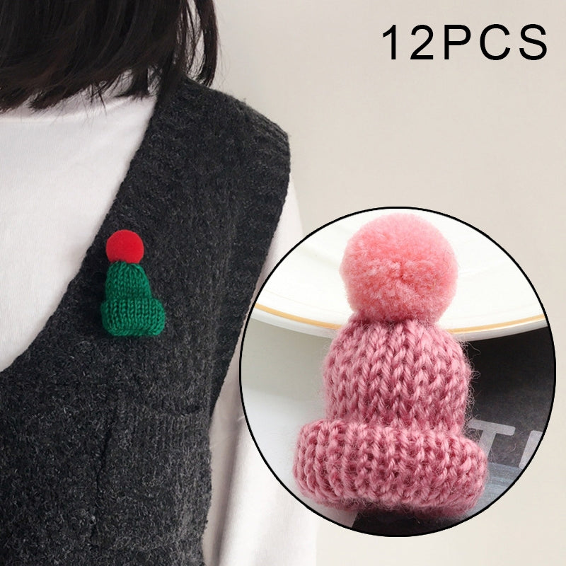 12PCS Cute Mini Knitted Hairball Hat Brooch Sweater Pins Badge(Dark rose red)