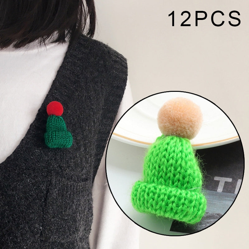 12PCS Cute Mini Knitted Hairball Hat Brooch Sweater Pins Badge(Light green)