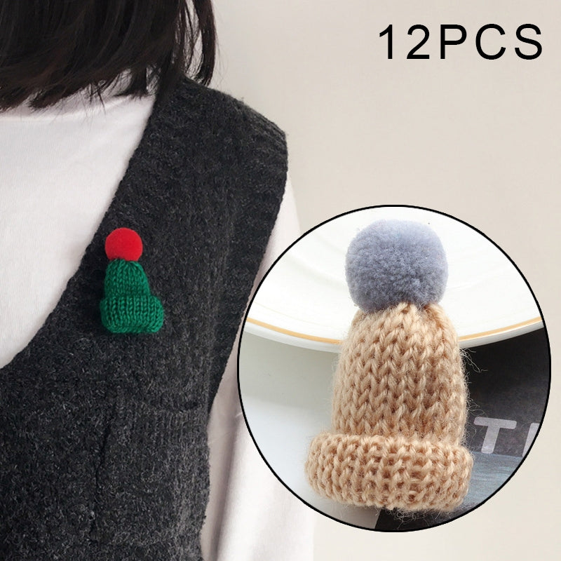 12PCS Cute Mini Knitted Hairball Hat Brooch Sweater Pins Badge(Light coffee)