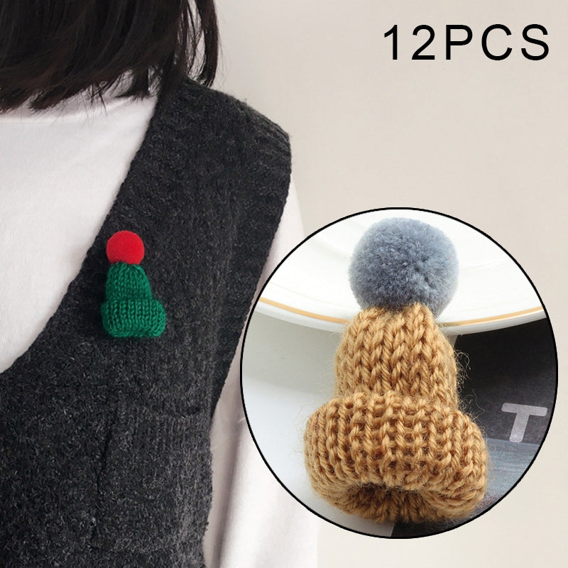 12PCS Cute Mini Knitted Hairball Hat Brooch Sweater Pins Badge(Coffee)