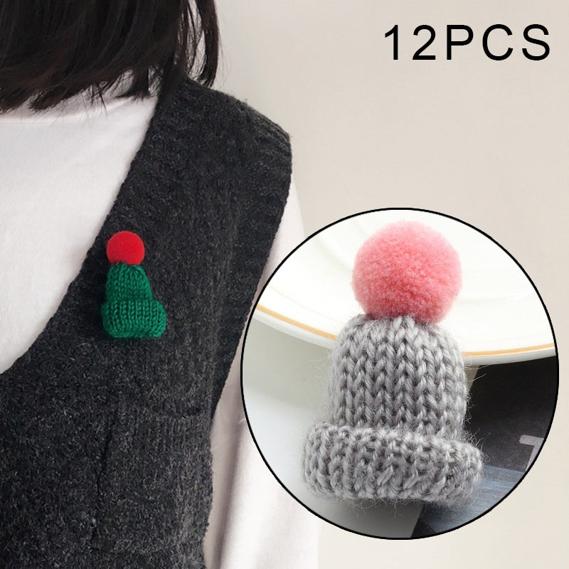 12PCS Cute Mini Knitted Hairball Hat Brooch Sweater Pins Badge(Gray)