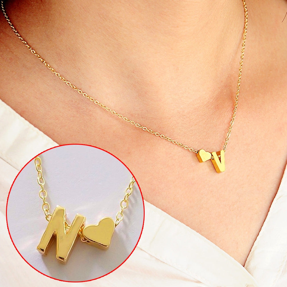 10 PCS Fashion Tiny Dainty Heart Initial Necklace Personalized Letter Necklace, Letter N(Gold)