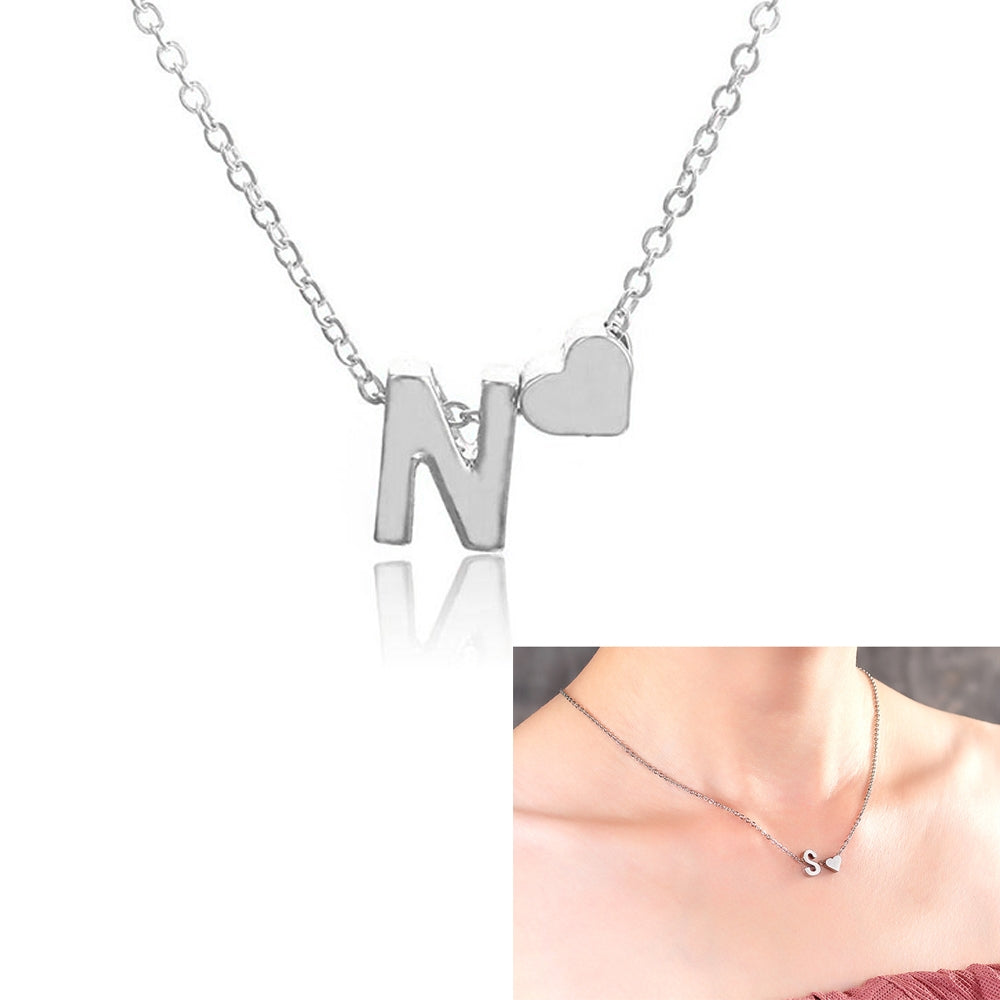 10 PCS Fashion Tiny Dainty Heart Initial Necklace Personalized Letter Necklace, Letter N(Silver)